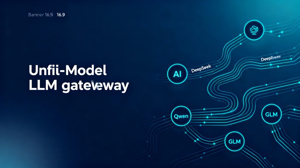 RouteAI unified multi-model LLM gateway homepage hero banner, AI API gateway SaaS tech background